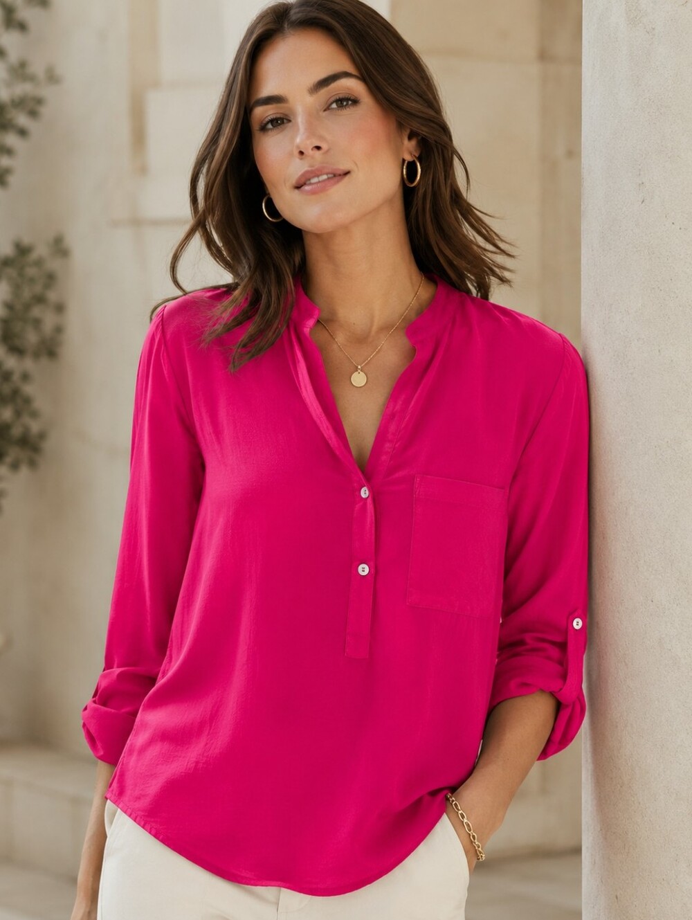 Zara Fuchsia Pink Roll-Tab Sleeve Henley Blouse Size S